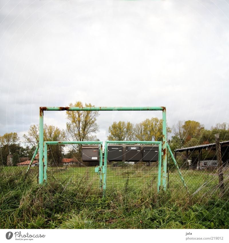 bitte keine werbung! Himmel Herbst Pflanze Baum Gras Sträucher Wiese Dorf Menschenleer Briefkasten Zaun Scheune trashig Natur Farbfoto Außenaufnahme