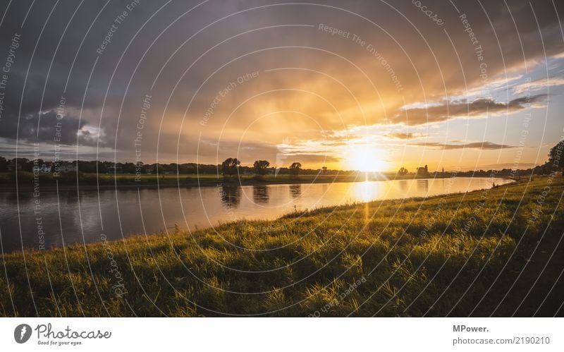 elbaue Umwelt Schönes Wetter Kitsch Elbe Elbufer Flussufer Sonnenuntergang Regenwolken Dresden Naturschutzgebiet Weltkulturerbe Farbfoto Menschenleer Abend