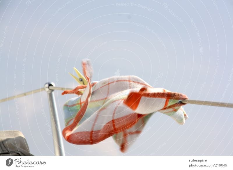 die große Flatter Handtuch Wind flattern trocknen Bewegung Wäscheleine Wäscheklammern blau rot weiß Seil Reling Himmel Farbfoto mehrfarbig Außenaufnahme