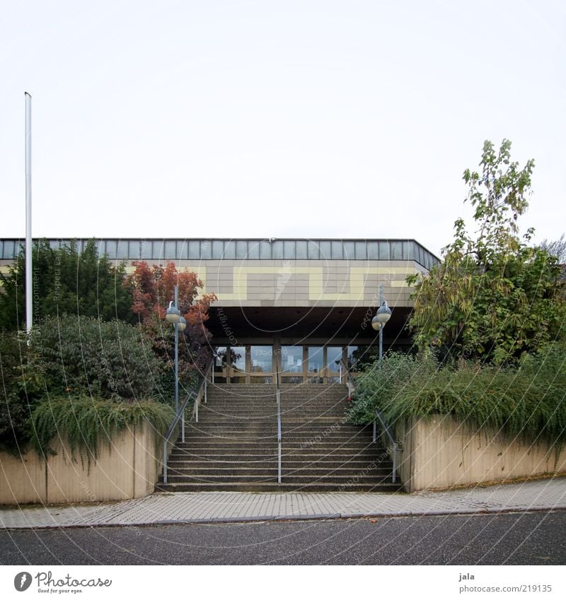 haupteingang Himmel Pflanze Sträucher Haus Bauwerk Gebäude Architektur Treppe Straße Wege & Pfade Beton trist Halle mehrzweckhalle Farbfoto Außenaufnahme