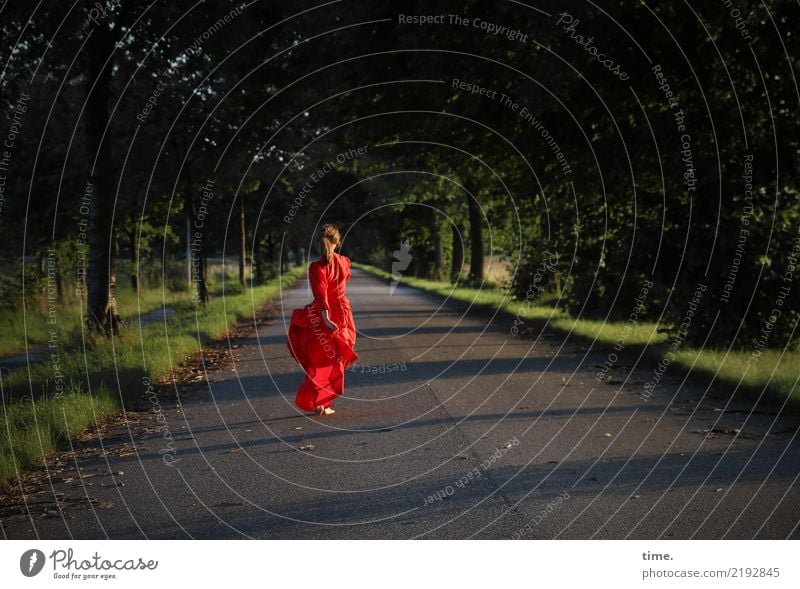 lil't dancing feminin Frau Erwachsene 1 Mensch Landschaft Schönes Wetter Baum Straße Kleid brünett langhaarig Zopf Bewegung drehen gehen Tanzen schön wild rot