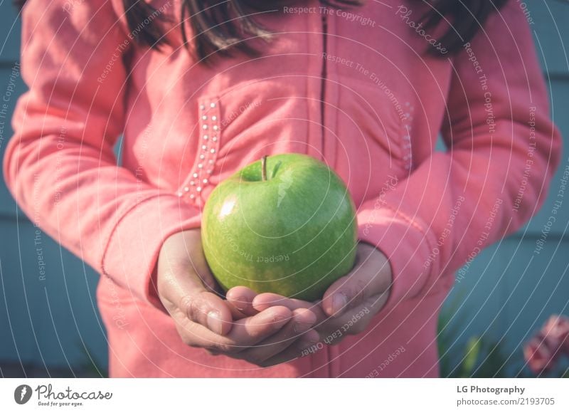 Mädchen, das grünen Apfel anhält Frucht Essen Frau Erwachsene Hand frisch niedlich rosa Anschnitt Grundschulalter Lebensmittel Gesundheit horizontal Kinder