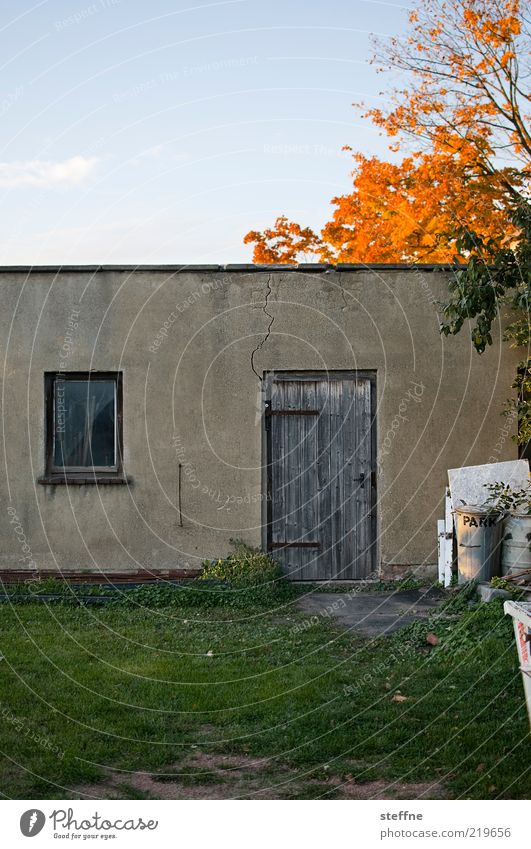 Schuppen Himmel Herbst Schönes Wetter Baum Wiese Haus Mauer Wand Tür Armut authentisch Müll Scheune Dämmerung Farbfoto Außenaufnahme Fenster Holztür Fassade alt