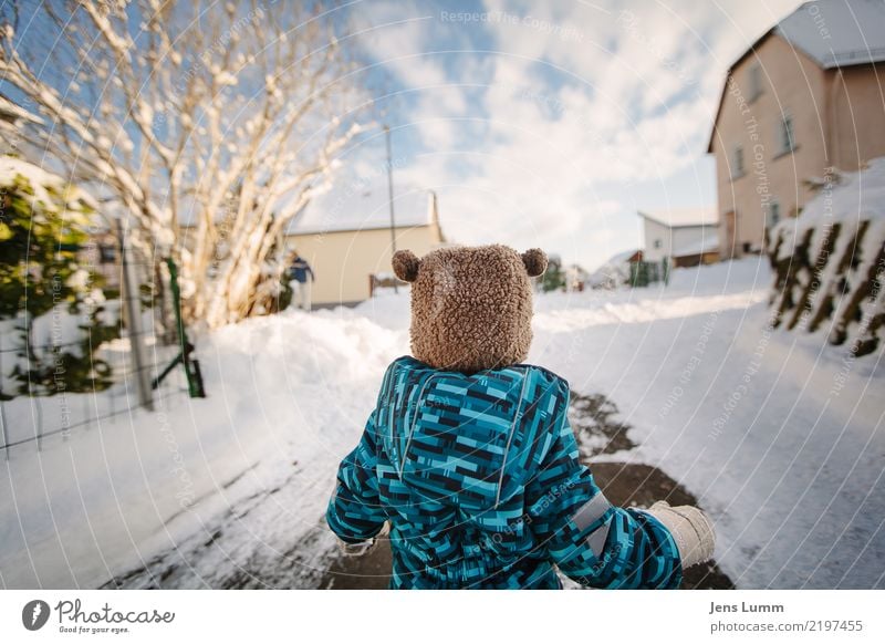 Sneee! Freiheit Winter Schnee Mensch maskulin Baby Kleinkind Junge Bruder Familie & Verwandtschaft Kindheit 1 1-3 Jahre blau braun grün weiß Mütze Wollmütze