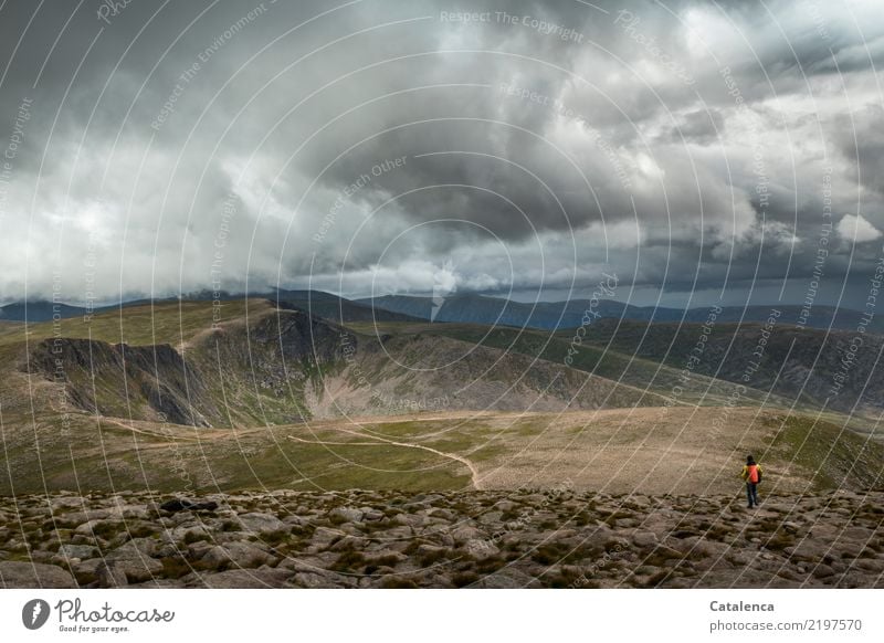 Wolkendach, Berglandschaft mit Wanderer maskulin 1 Mensch Umwelt Natur Erde Gewitterwolken Sommer schlechtes Wetter Gras Hügel Felsen Berge u. Gebirge