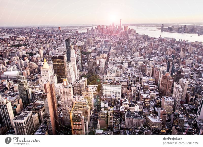 Hochaus mit Aussicht in New York Zentralperspektive Starke Tiefenschärfe Sonnenlicht Reflexion & Spiegelung Kontrast Schatten Licht Tag Textfreiraum Mitte