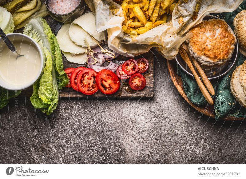 Hausgemachte Hähnchenburger Zutaten Lebensmittel Ernährung Mittagessen Fastfood Stil Design Restaurant Hintergrundbild Belegtes Brot Snack Hamburger