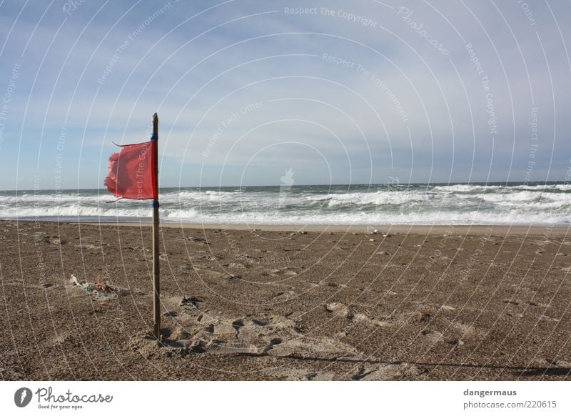 Rote Fahne Strand Meer Sandstrand Natur Landschaft Wasser Wolken Horizont Schönes Wetter Wind Wellen Küste Nordsee rot Fernweh Außenaufnahme Textfreiraum rechts