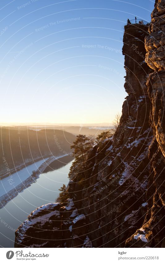 bastei Winter Natur Landschaft Himmel Horizont Sonnenaufgang Sonnenuntergang Schönes Wetter Felsen Berge u. Gebirge Schlucht Deutschland Stein Sachsen Sandstein