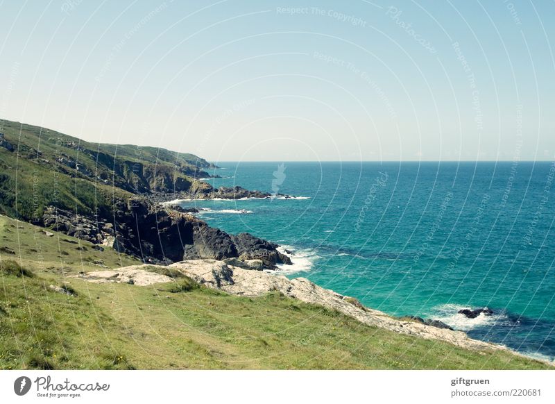 cornish coastal pathway Umwelt Natur Landschaft Pflanze Urelemente Erde Wasser Himmel Wolkenloser Himmel Klima Schönes Wetter Wiese Hügel Felsen Wellen Küste