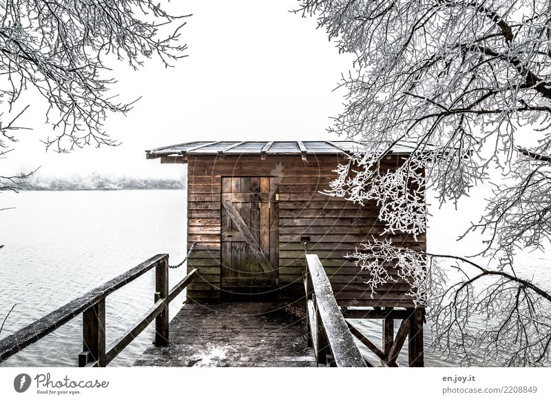 Versteck Winter Schnee Natur Landschaft Klima See Hütte Steg kalt braun weiß Sicherheit Schutz Geborgenheit Abenteuer Einsamkeit Umwelt Holz Eis Farbfoto