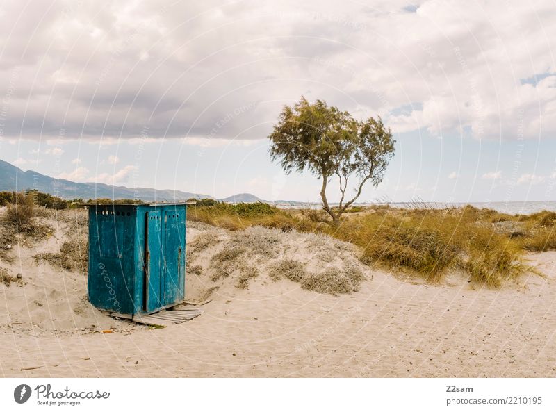 Umkleide Meer Natur Landschaft Sand Himmel Wolken Sommer Baum Sträucher Strand einfach natürlich gelb grün ruhig Einsamkeit Erholung Ferien & Urlaub & Reisen