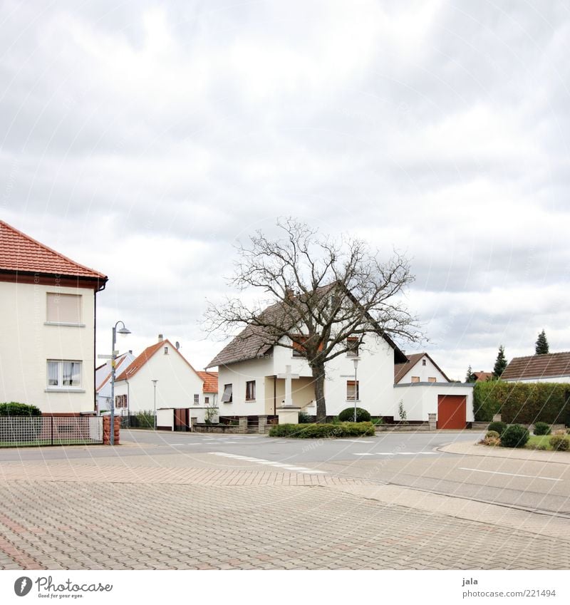 ortschaft Himmel Herbst Pflanze Baum Sträucher Dorf Menschenleer Haus Platz Bauwerk Gebäude Architektur Straße Straßenkreuzung Wege & Pfade trist Farbfoto