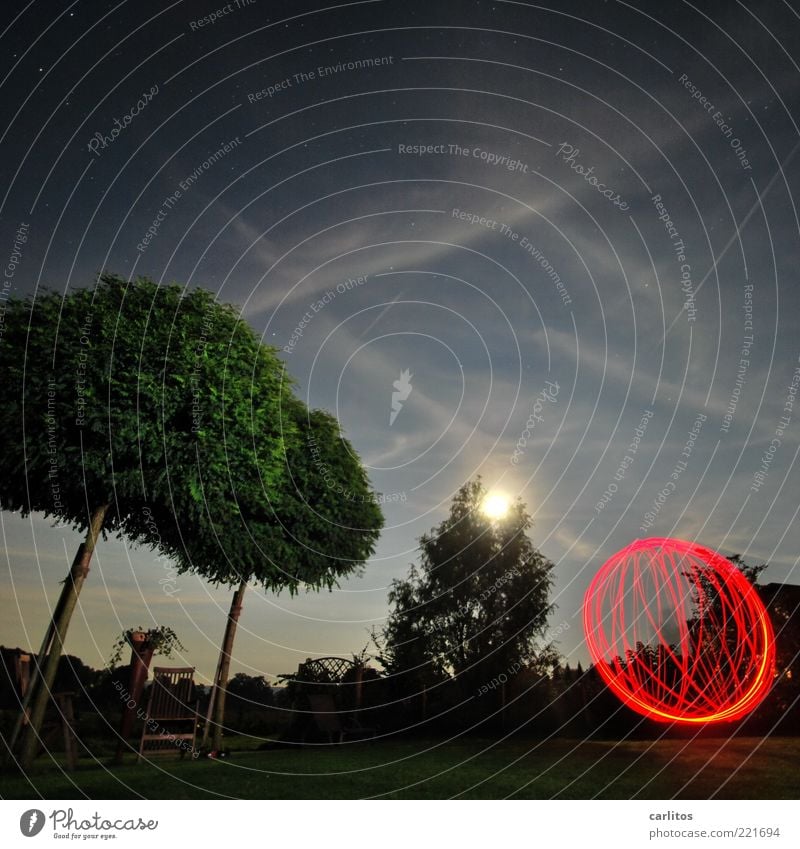 Nächtliche Gartenarbeit Himmel Mond Vollmond Sommer Schönes Wetter Baum Bewegung drehen leuchten ästhetisch dunkel rund verrückt blau rot schwarz Farbe