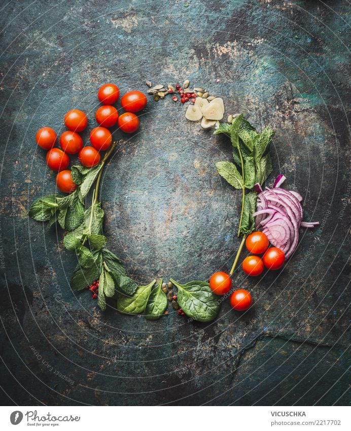 Runde Rahmen mit Kochzutaten Lebensmittel Gemüse Kräuter & Gewürze Ernährung Bioprodukte Vegetarische Ernährung Diät Stil Design Gesunde Ernährung Restaurant