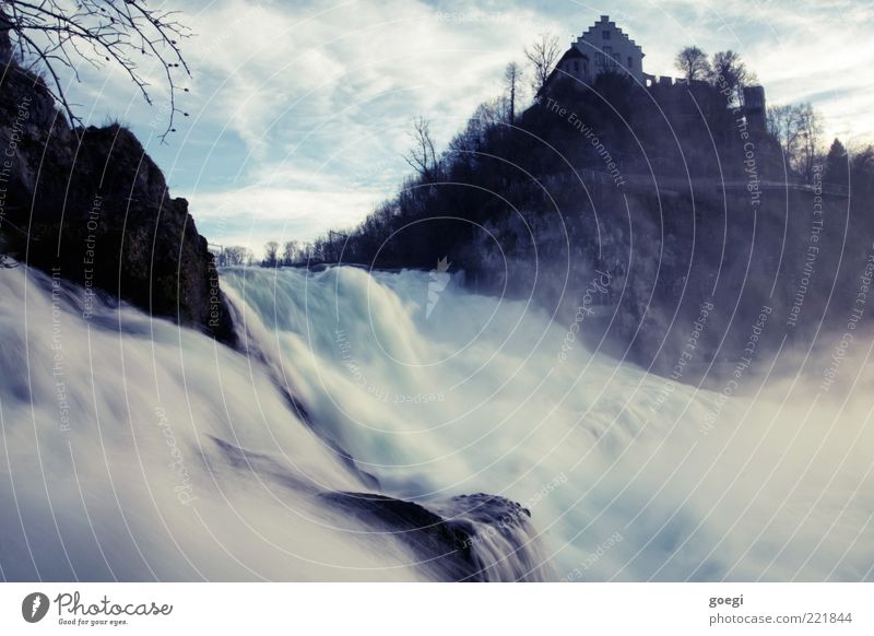 So ein Rheinfall Natur Urelemente Wasser Wassertropfen Himmel Wolken Herbst Schönes Wetter Baum Hügel Flussufer Wasserfall Schaffhausen Haus Burg oder Schloss