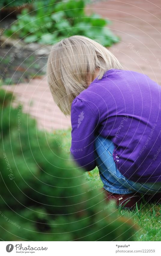 Alleine spielen... Spielen Kleinkind Mädchen Kindheit Rücken 1 Mensch 1-3 Jahre Gras Sträucher Garten Bekleidung blond beobachten entdecken hocken Traurigkeit