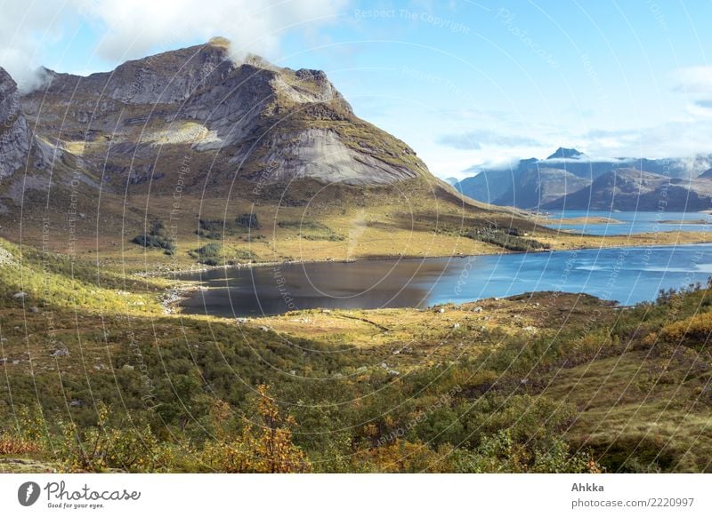 Fjord im Licht-Schattenspiel, Bergmassiv, Herbst, Lofoten ruhig Meditation Ferien & Urlaub & Reisen Ausflug Abenteuer Ferne Freiheit Natur Landschaft Urelemente