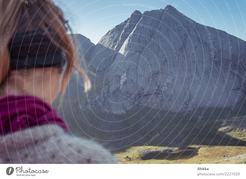 Junge Frau, Rückansicht, Skandinavien, Berg, Gegenlicht ruhig Ferien & Urlaub & Reisen Ausflug Abenteuer Berge u. Gebirge wandern Jugendliche Natur Landschaft