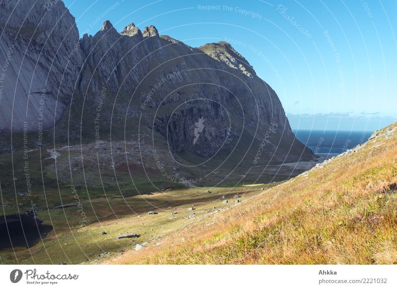 Horseidvika, Bucht im Sonnenlicht, Lofoten, Bergmassiv, Ozean Ausflug Abenteuer Ferne Landschaft Urelemente Schönes Wetter Berge u. Gebirge Schlucht Küste Meer