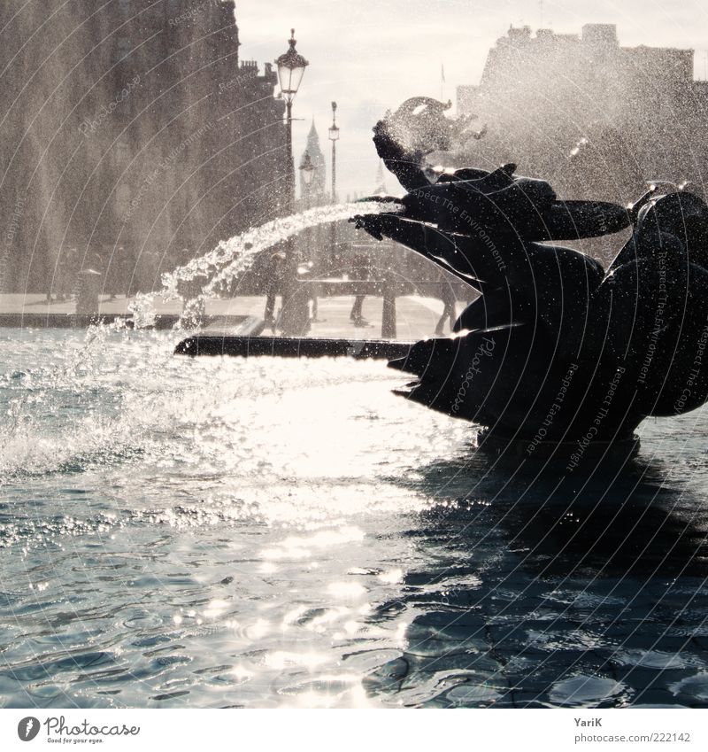 sprühnebel London England Europa Hauptstadt Stadtzentrum Platz Sehenswürdigkeit nass blau braun Brunnen Springbrunnen Wasser Nieselregen Wassertropfen fließen