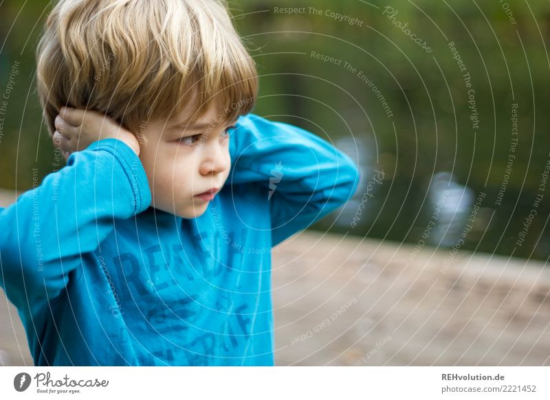 kind hält sich die ohren zu Mensch Kind Junge Kindheit 1 3-8 Jahre Umwelt Natur Pullover blond festhalten hören Aggression authentisch frech klein natürlich