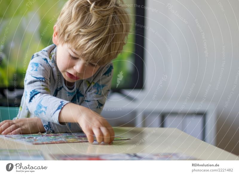 Junge puzzelt Freude Spielen Häusliches Leben Wohnung Tisch Wohnzimmer Mensch Kind 1 3-8 Jahre Kindheit Pullover Haare & Frisuren Denken lernen authentisch