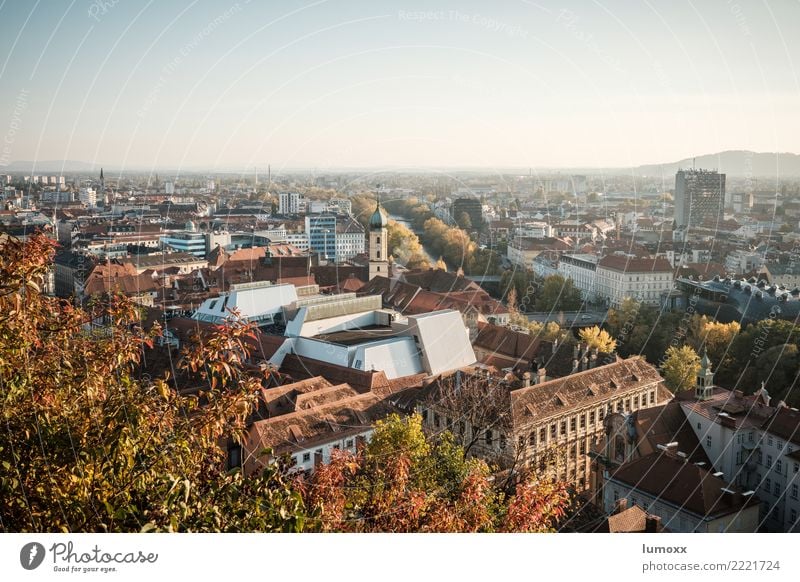 Blick über die Dächer von Graz Umwelt Natur Herbst braun gelb gold Schlossberg Österreich Kunsthaus Blatt Stadt Stadtzentrum Weltkulturerbe Dach Farbfoto Abend