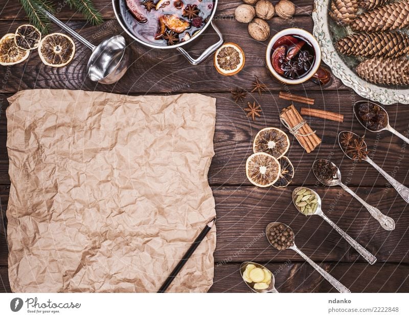 braunes Blatt Papier und Zutaten Kräuter & Gewürze Getränk Alkohol Glühwein Topf Pfanne Weihnachten & Advent Holz heiß oben retro Speise süß trinken Feiertag