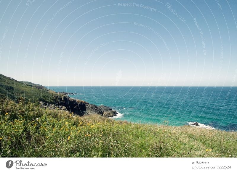 meerblick Umwelt Natur Landschaft Pflanze Urelemente Wasser Himmel Wolkenloser Himmel Horizont Sommer Klima Wetter Schönes Wetter Hügel Felsen Wellen Küste Meer