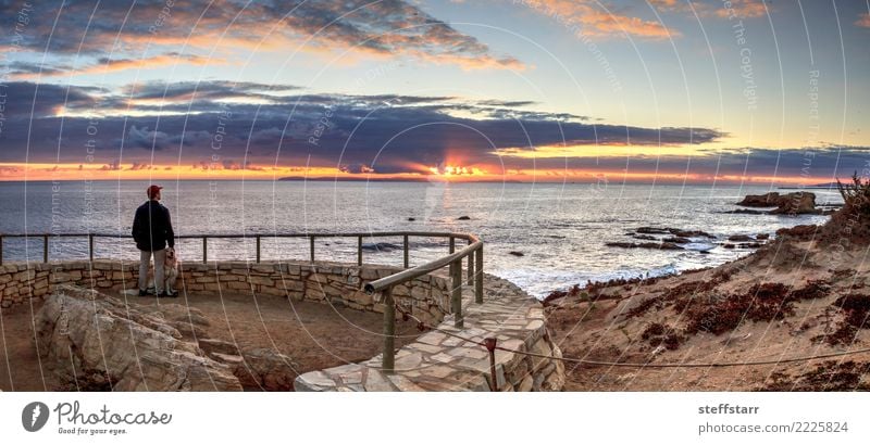 Langer Mann bei Sonnenuntergang Ferien & Urlaub & Reisen Strand Meer Erwachsene 1 Mensch Landschaft Himmel Küste Stein blau gold orange Trauer Einsamkeit