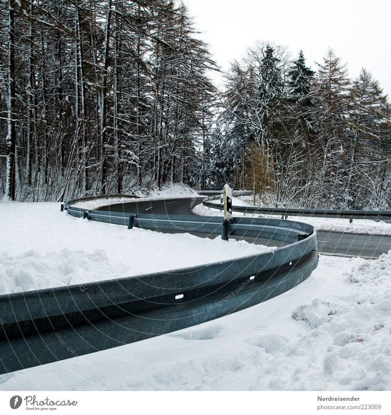 Schwingung Winter Natur Eis Frost Schnee Wald Verkehr Verkehrswege Straße Zeichen Verkehrszeichen kalt Klima Wege & Pfade Leitplanke Winterdienst Glätte