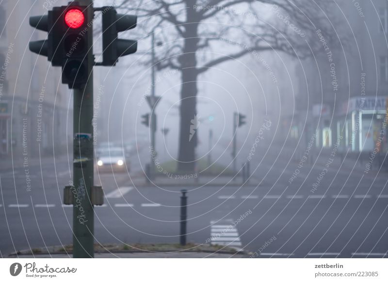 Nebelday Stadt Hauptstadt Stadtzentrum Haus Verkehr Straße Straßenkreuzung Verkehrszeichen Verkehrsschild fahren warten Müdigkeit Sehnsucht Heimweh Fernweh