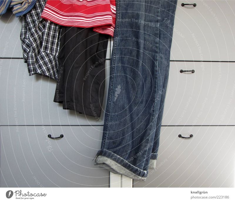 Der Mann im Haus Bekleidung T-Shirt Hemd Hose Jeanshose Schrank liegen trendy modern blau grau rot Ordnungsliebe Mode Häusliches Leben gestreift kariert