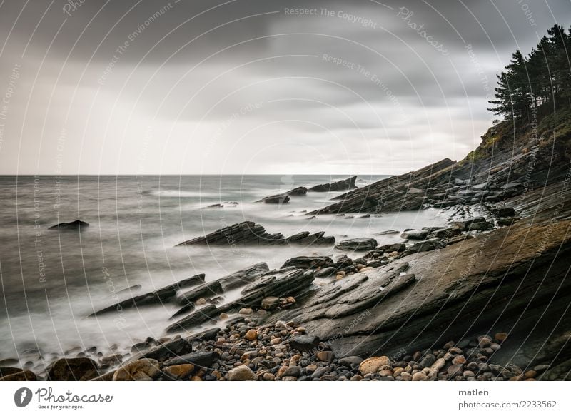 Bizkaya Natur Landschaft Pflanze Sand Luft Wasser Himmel Wolken Horizont Sommer Wetter schlechtes Wetter Baum Felsen Wellen Küste Strand Bucht Meer dunkel braun