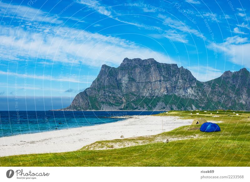 Utakleiv Beach auf den Lofoten in Norwegen Ferien & Urlaub & Reisen Tourismus Camping Strand Meer Berge u. Gebirge Natur Landschaft Wasser Wolken Gras Wiese