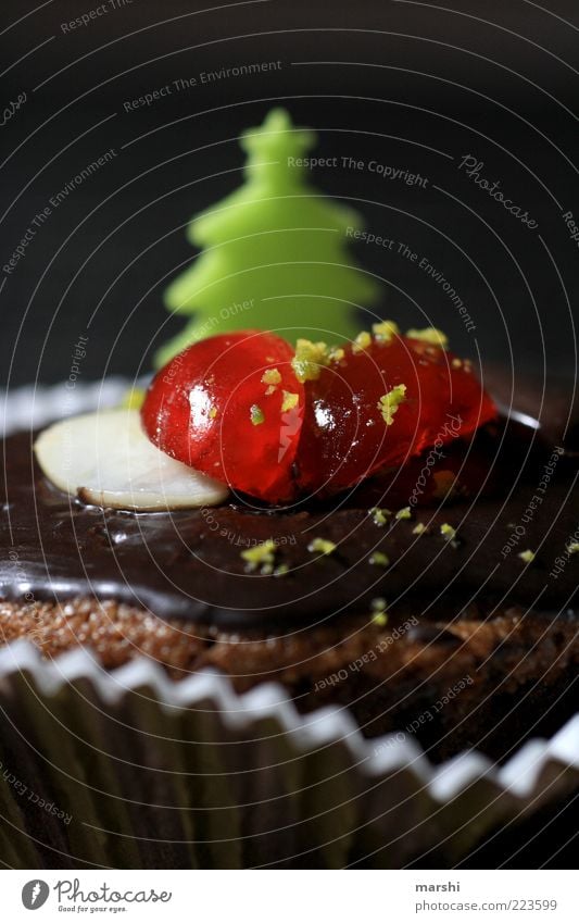 WeihnachtsSchokoMuffin Lebensmittel Ernährung braun grün rot Schokolade Kirsche Dekoration & Verzierung lecker süß Unschärfe Detailaufnahme geschmackvoll