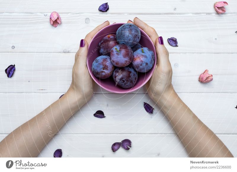 Weibliche Hände, die eine Schüssel Pflaumen halten Lebensmittel Frucht Ernährung Essen Frühstück Mittagessen Abendessen Bioprodukte Diät Schalen & Schüsseln