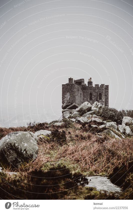 Burg ruhig Ausflug Abenteuer Umwelt Natur Landschaft Himmel schlechtes Wetter Nebel Sträucher Hügel Felsen England Burg oder Schloss Bauwerk Gebäude Mauer Wand