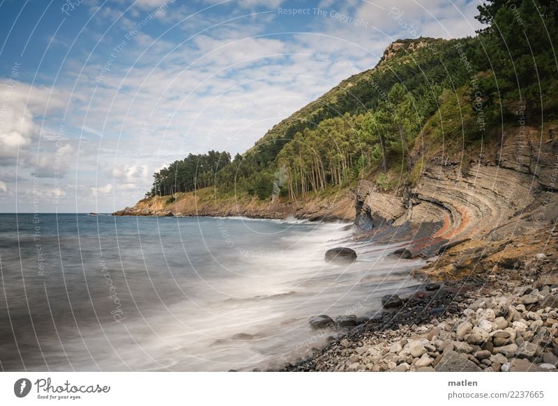 Steinstrand Natur Landschaft Pflanze Himmel Wolken Horizont Sommer Schönes Wetter Wind Baum Felsen Wellen Küste Strand Bucht Meer blau braun grau grün rosa weiß