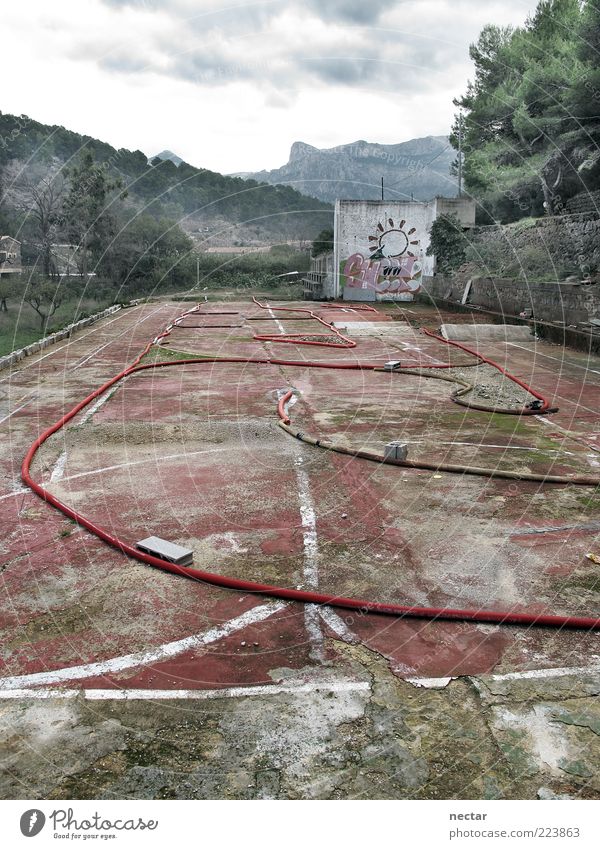 Sweet alt dreckig grau grün rot Graffiti Platz Verfall Berge u. Gebirge Baum Wolken Schlauch Leitung verfallen abblättern Beton Stein Demontage abstrakt trist