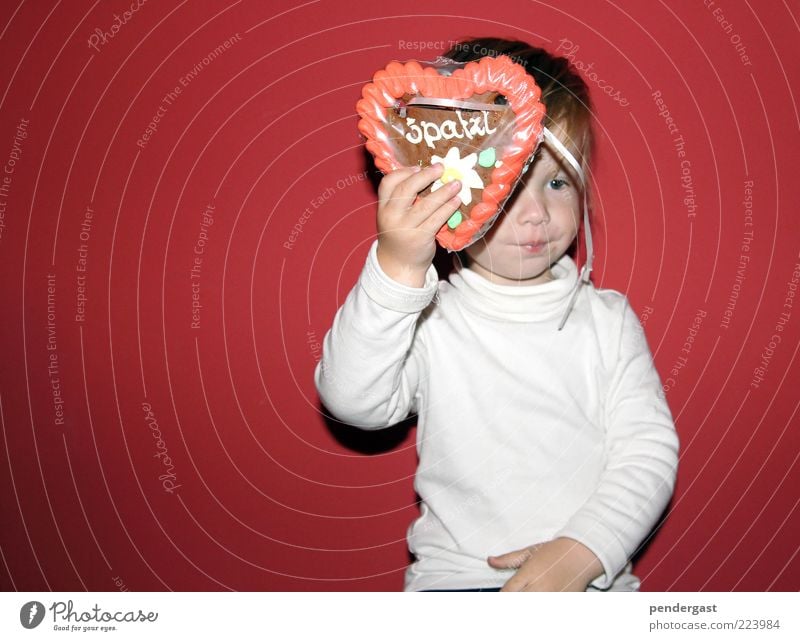 Lebkuchengrüße Süßwaren Kind Kleinkind Junge 1 Mensch 1-3 Jahre Feste & Feiern genießen rot Lebkuchenherzen Farbfoto Innenaufnahme Abend Totale festhalten