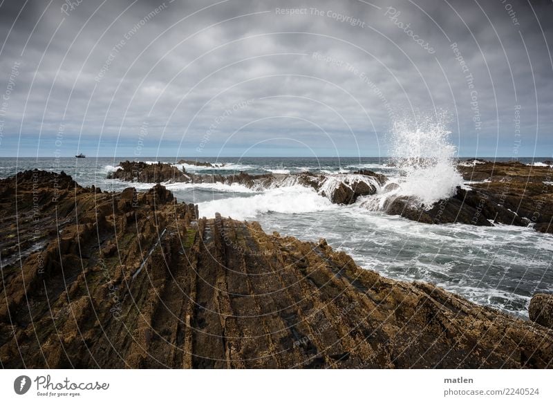 Ondarroa Natur Landschaft Himmel Wolken Horizont Sommer Schönes Wetter Wind Felsen Wellen Küste Meer Passagierschiff wild blau braun weiß Bizkaya Wassermassen