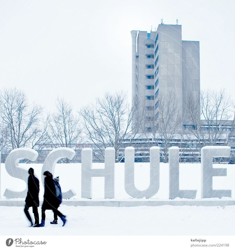 weihnachtsferien Bildung Schule Schulgebäude Schulkind Schüler Mensch Eltern Erwachsene Partner 3 Winter Schnee Schriftzeichen gehen schulweg Hochhaus Baum