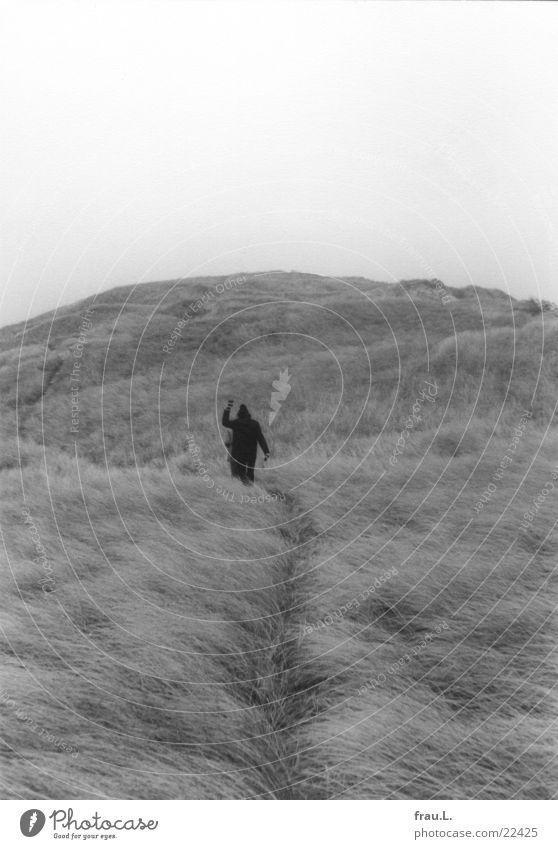 Düne winken gehen Winter Mann Meer Frau Mütze Ferien & Urlaub & Reisen Fröhlichkeit wandern Abschied Einsamkeit kalt Wind Strand Küste Mensch Stranddüne