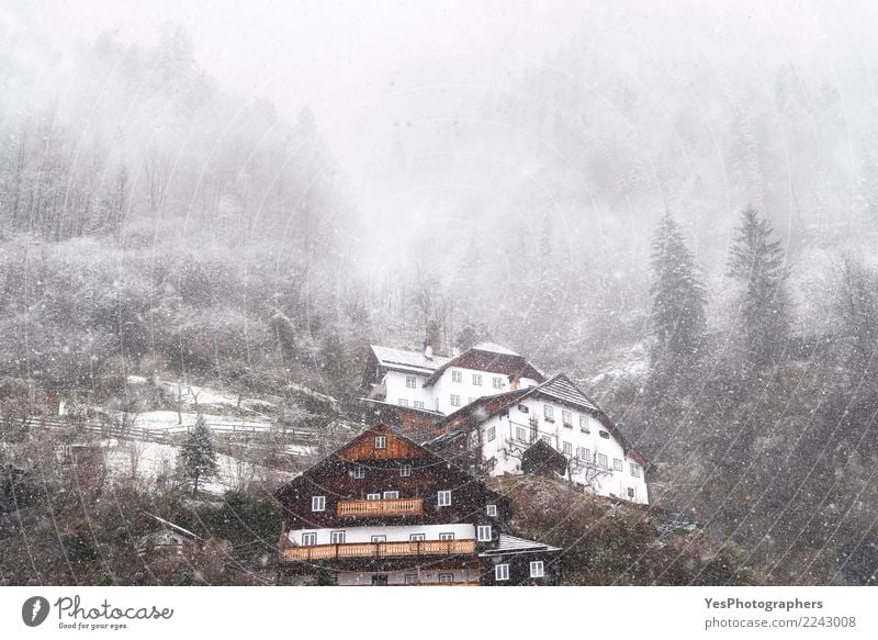 Schneefall über österreichischem Bergdorf Ferien & Urlaub & Reisen Berge u. Gebirge Haus Silvester u. Neujahr Wetter schlechtes Wetter Unwetter Sturm Wald Alpen