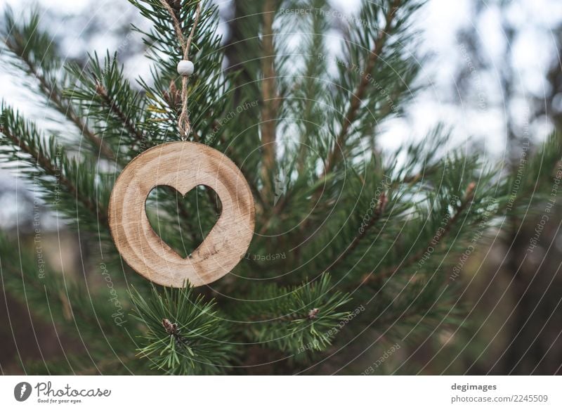 Hölzerne Herzform auf Tanne Dekoration & Verzierung Weihnachten & Advent Natur Baum Wald Holz alt Liebe natürlich braun grün weiß Hintergrund Rinde Konsistenz