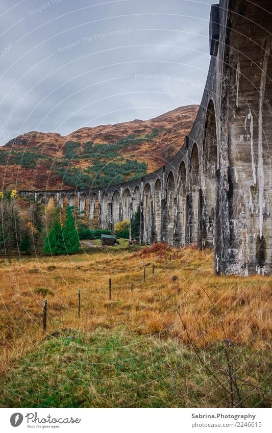 Auf den Spuren von Harry Potter. Kunst Architektur Umwelt Landschaft Wolken Herbst Winter schlechtes Wetter Gras Sträucher Wiese Berge u. Gebirge Brücke Bauwerk