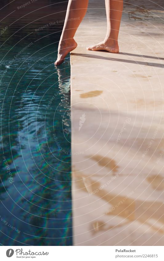 #A# Day At The Pool Kunst ästhetisch Schwimmbad Barfuß Versuch Vorsicht Hinweisschild zögern Frau berühren Wasseroberfläche Zehen Fuß entdecken Farbfoto