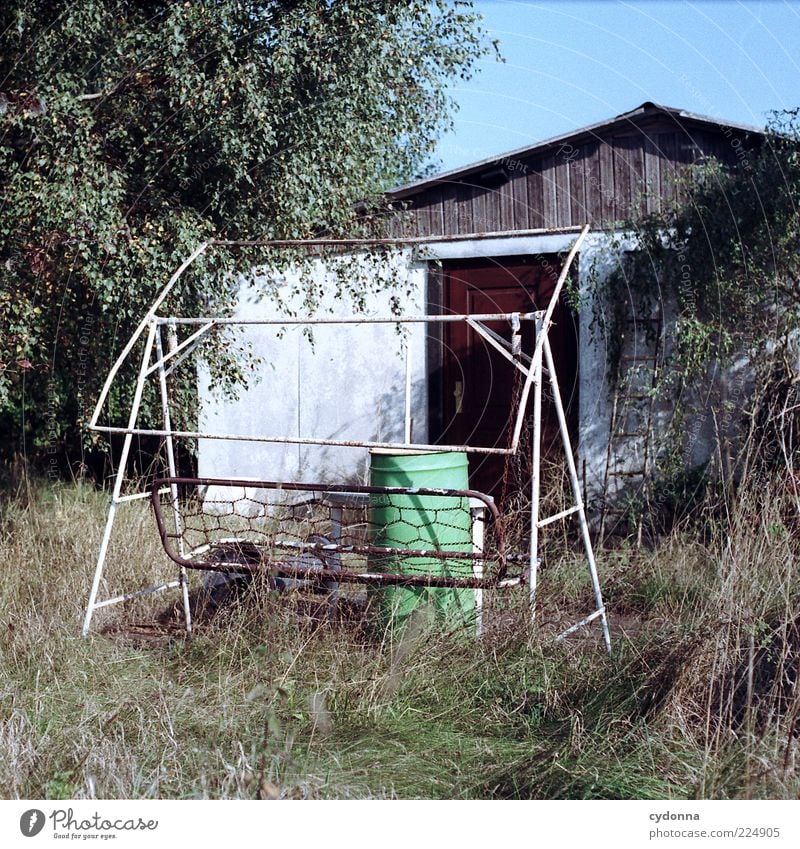 Gartenidyll ruhig Umwelt Natur Sommer Wiese Hütte ästhetisch Einsamkeit geheimnisvoll Leben Nostalgie stagnierend Verfall Vergangenheit Vergänglichkeit